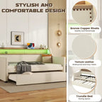 Beige Twin Size Upholstered Daybed with Trundle and LED