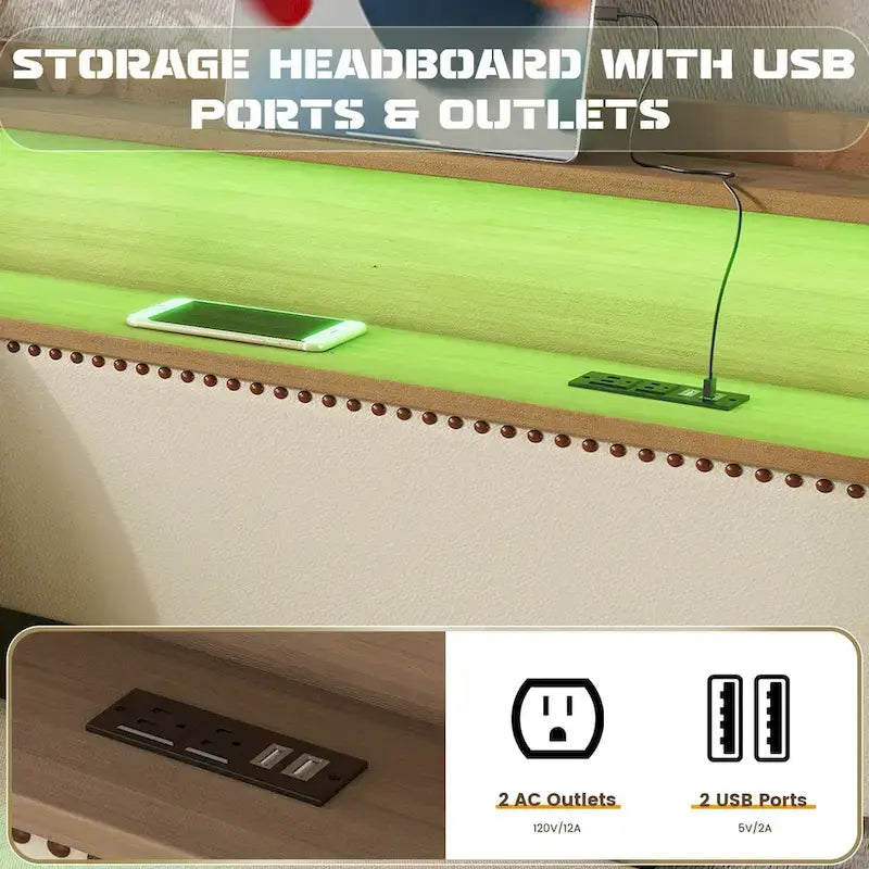 Beige Twin Size Upholstered Daybed with Trundle and LED