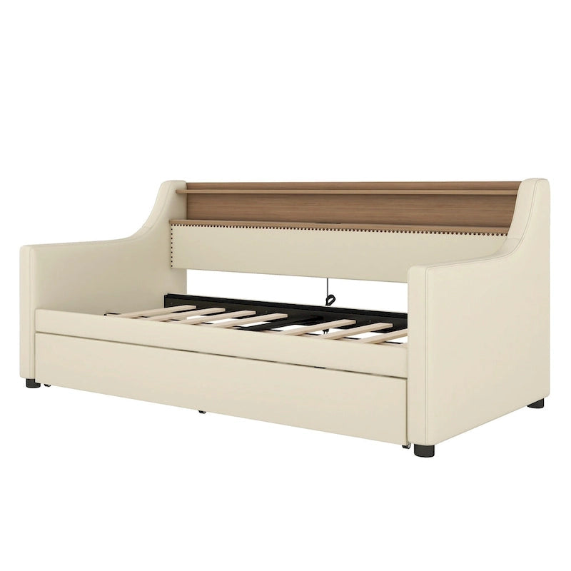 Beige Twin Size Upholstered Daybed with Trundle and LED