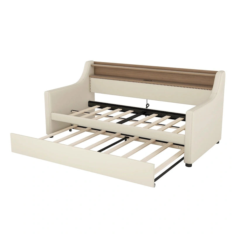 Beige Twin Size Upholstered Daybed with Trundle and LED