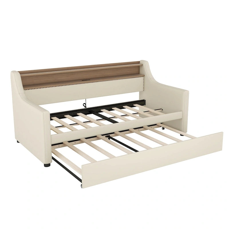 Beige Twin Size Upholstered Daybed with Trundle and LED