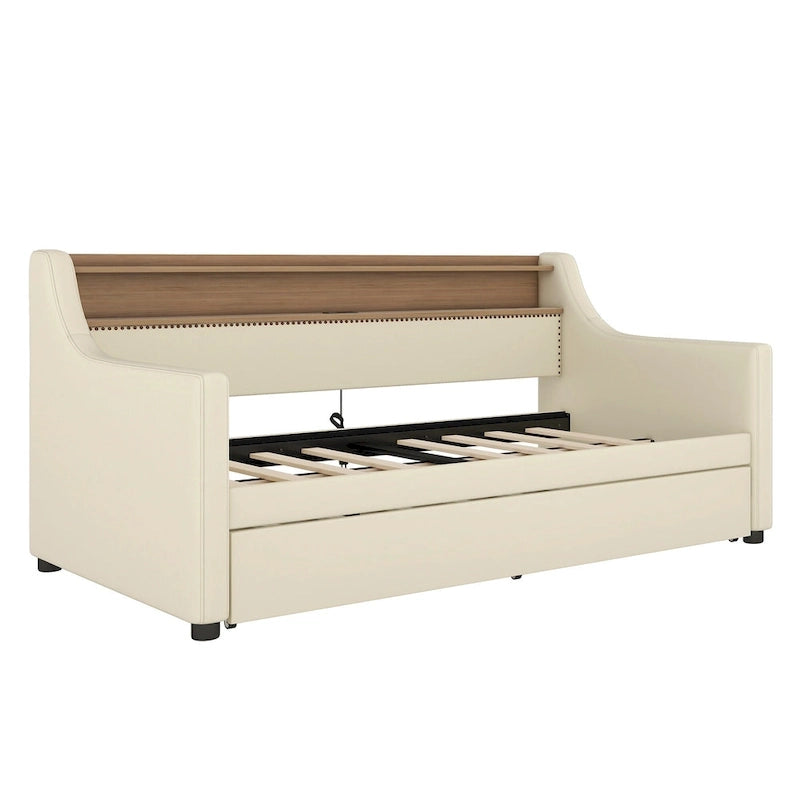 Beige Twin Size Upholstered Daybed with Trundle and LED