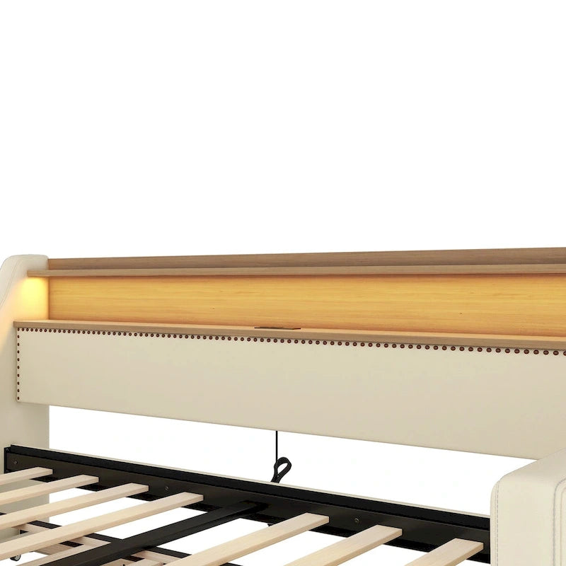 Beige Twin Size Upholstered Daybed with Trundle and LED