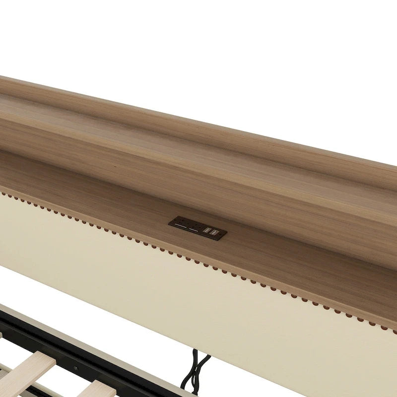 Beige Twin Size Upholstered Daybed with Trundle and LED