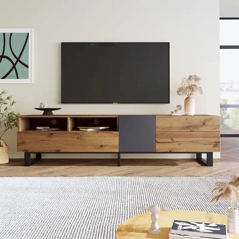 Wood+Grey 70 TV Stand with Double Storage & Drop-Down Door for TVs Up to 80
