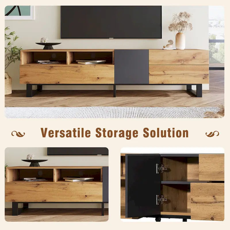 Wood+Grey 70 TV Stand with Double Storage & Drop-Down Door for TVs Up to 80