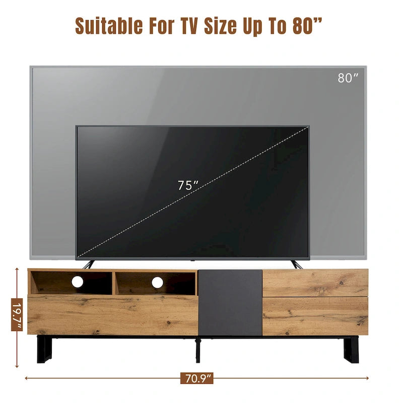 Wood+Grey 70 TV Stand with Double Storage & Drop-Down Door for TVs Up to 80