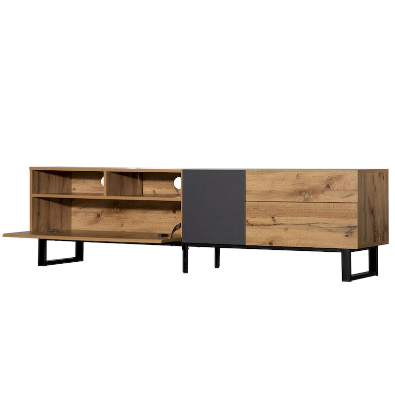 Wood+Grey 70 TV Stand with Double Storage & Drop-Down Door for TVs Up to 80