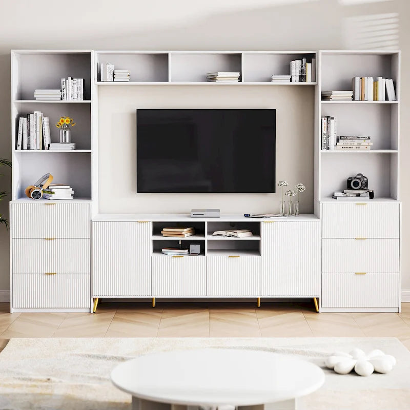 White 112.5 Entertainment Wall Unit with 13 Shelves, 8 Drawers and 2 Cabinets for TVs Up to 70