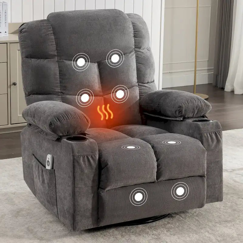 Grey Oversized Rocker Recliner with Heat & USB Charging
