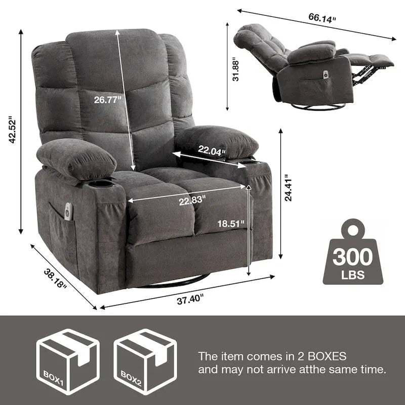 Grey Oversized Rocker Recliner with Heat & USB Charging