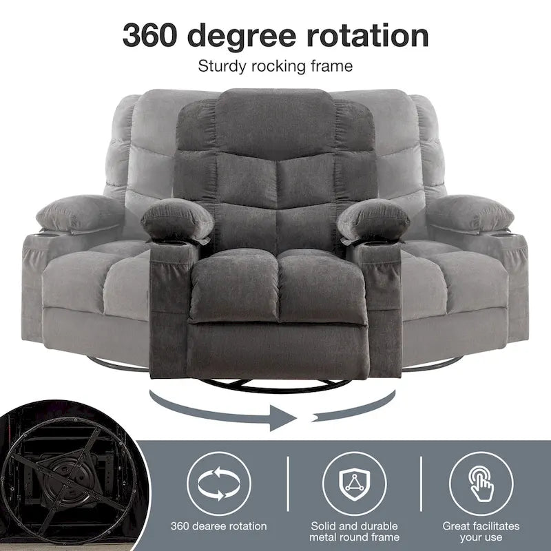 Grey Oversized Rocker Recliner with Heat & USB Charging