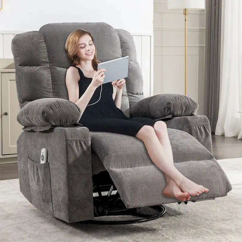 Grey Oversized Rocker Recliner with Heat & USB Charging