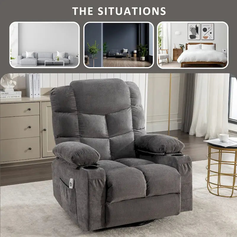Grey Oversized Rocker Recliner with Heat & USB Charging