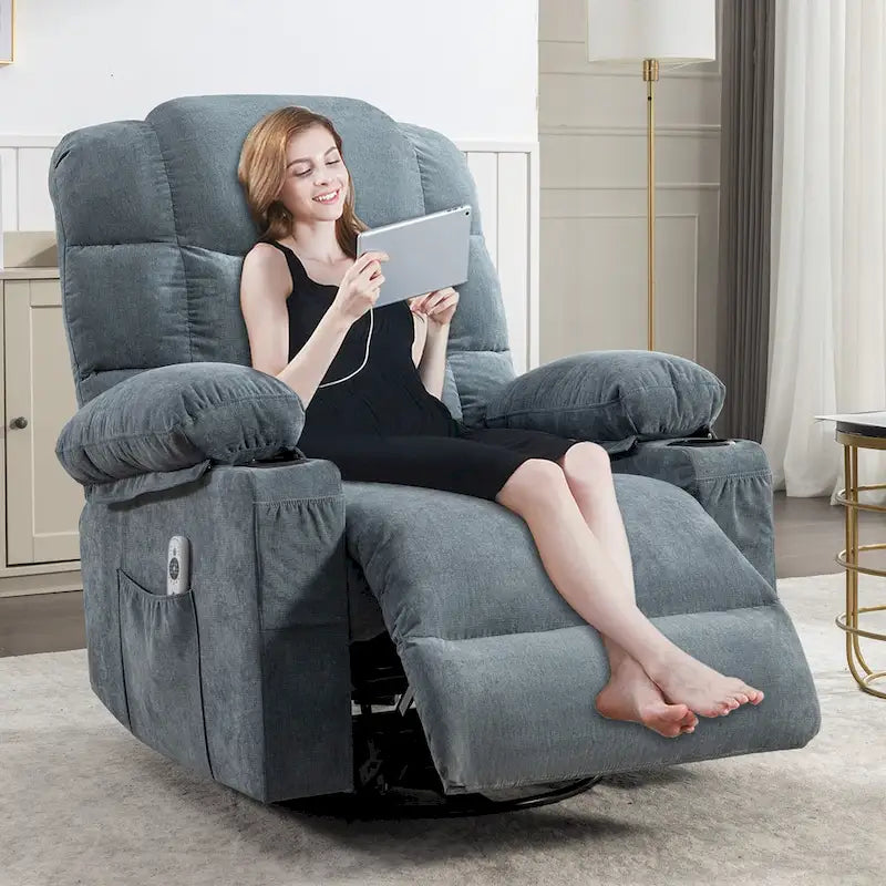 Grey Oversized Rocker Recliner with Heat & USB Charging