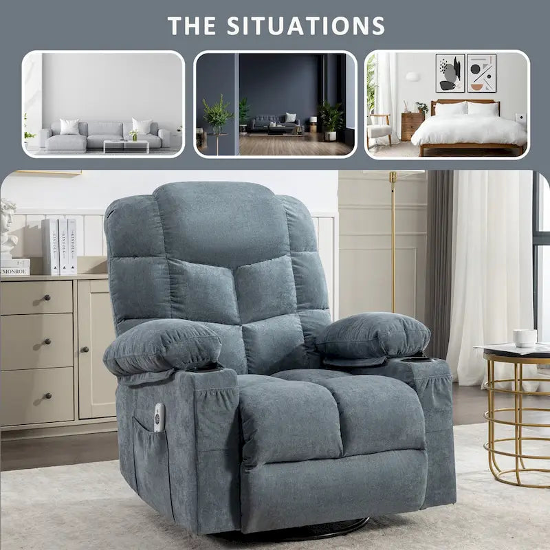 Grey Oversized Rocker Recliner with Heat & USB Charging