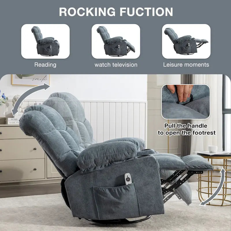 Grey Oversized Rocker Recliner with Heat & USB Charging