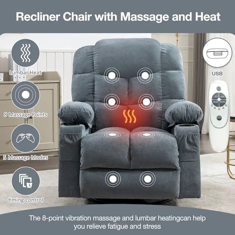 Grey Oversized Rocker Recliner with Heat & USB Charging