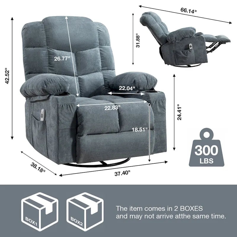 Grey Oversized Rocker Recliner with Heat & USB Charging