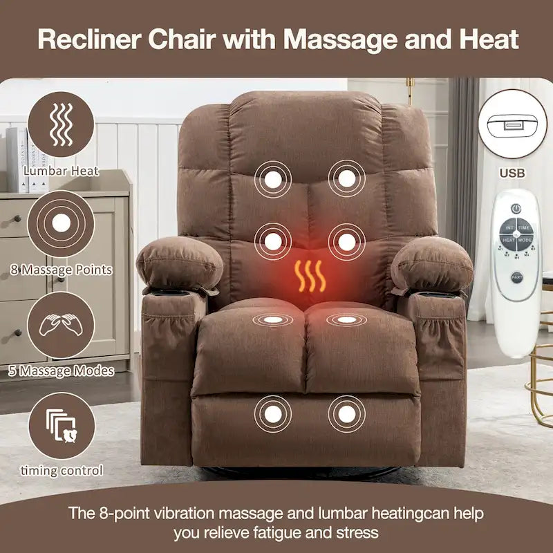 Grey Oversized Rocker Recliner with Heat & USB Charging