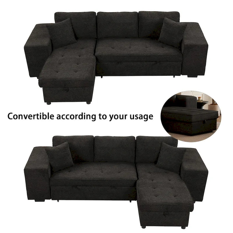 104.5 Charcoal L-Shaped 3 Seater Convertible Sofa with Pull-Out Bed, Storage Chaise and 2 Stools for Living Room