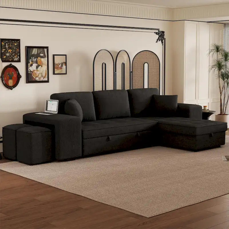 104.5 Charcoal L-Shaped 3 Seater Convertible Sofa with Pull-Out Bed, Storage Chaise and 2 Stools for Living Room