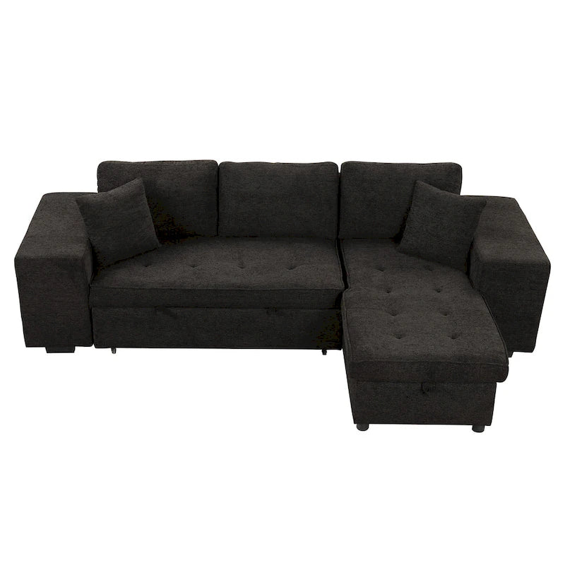 104.5 Charcoal L-Shaped 3 Seater Convertible Sofa with Pull-Out Bed, Storage Chaise and 2 Stools for Living Room