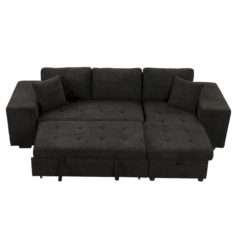 104.5 Charcoal L-Shaped 3 Seater Convertible Sofa with Pull-Out Bed, Storage Chaise and 2 Stools for Living Room
