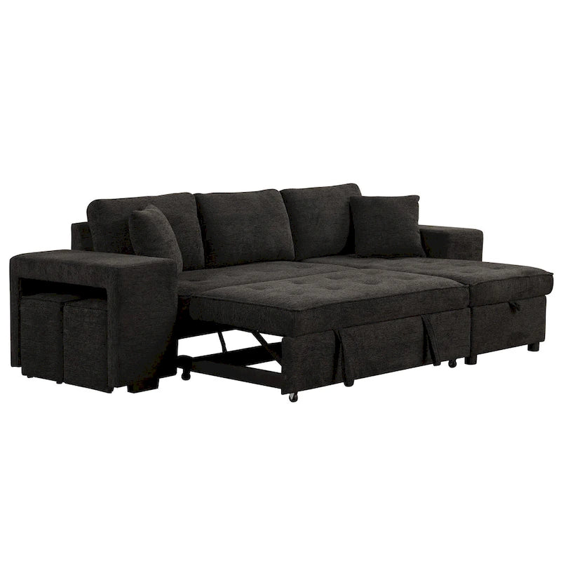 104.5 Charcoal L-Shaped 3 Seater Convertible Sofa with Pull-Out Bed, Storage Chaise and 2 Stools for Living Room