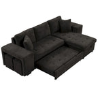 104.5 Charcoal L-Shaped 3 Seater Convertible Sofa with Pull-Out Bed, Storage Chaise and 2 Stools for Living Room