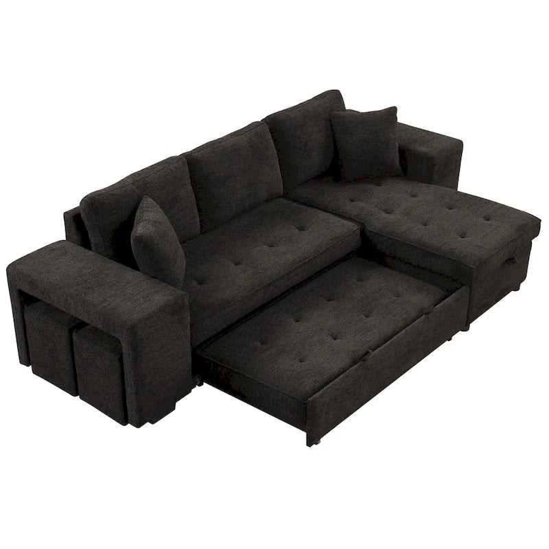 104.5 Charcoal L-Shaped 3 Seater Convertible Sofa with Pull-Out Bed, Storage Chaise and 2 Stools for Living Room