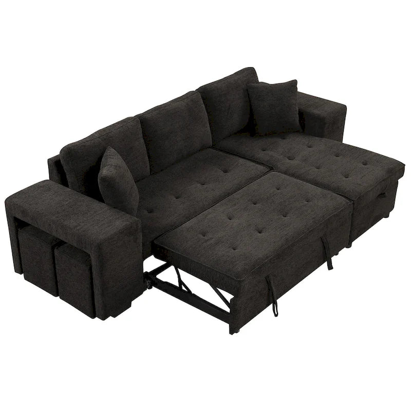 104.5 Charcoal L-Shaped 3 Seater Convertible Sofa with Pull-Out Bed, Storage Chaise and 2 Stools for Living Room