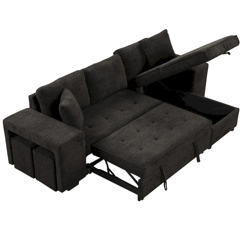 104.5 Charcoal L-Shaped 3 Seater Convertible Sofa with Pull-Out Bed, Storage Chaise and 2 Stools for Living Room