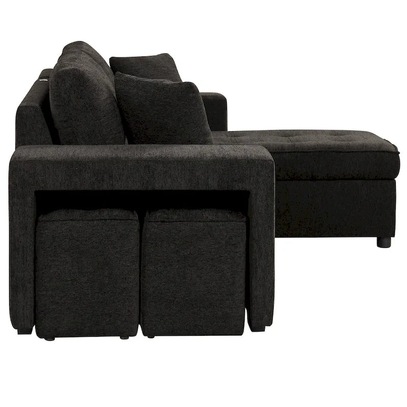 104.5 Charcoal L-Shaped 3 Seater Convertible Sofa with Pull-Out Bed, Storage Chaise and 2 Stools for Living Room