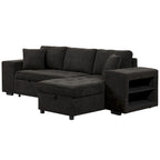 104.5 Charcoal L-Shaped 3 Seater Convertible Sofa with Pull-Out Bed, Storage Chaise and 2 Stools for Living Room