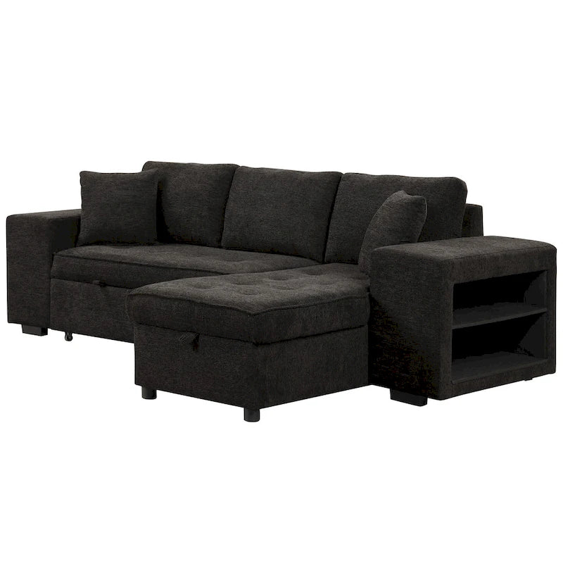 104.5 Charcoal L-Shaped 3 Seater Convertible Sofa with Pull-Out Bed, Storage Chaise and 2 Stools for Living Room