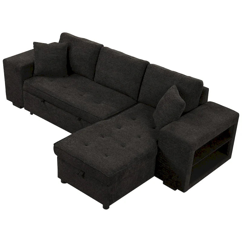 104.5 Charcoal L-Shaped 3 Seater Convertible Sofa with Pull-Out Bed, Storage Chaise and 2 Stools for Living Room