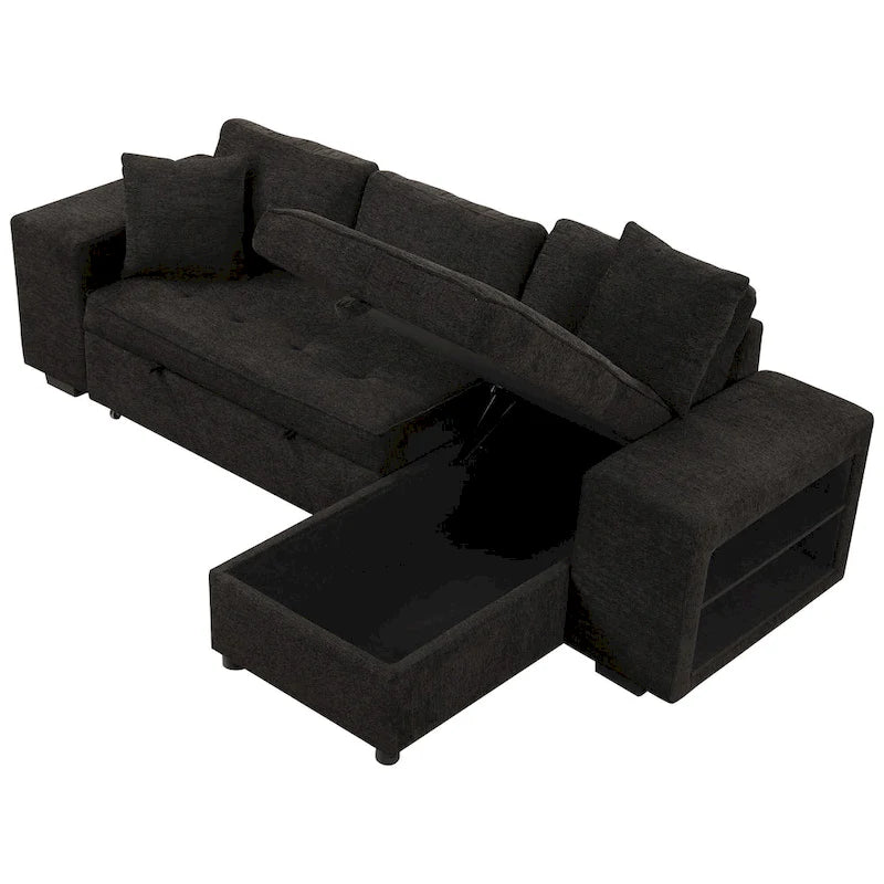 104.5 Charcoal L-Shaped 3 Seater Convertible Sofa with Pull-Out Bed, Storage Chaise and 2 Stools for Living Room