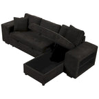 104.5 Charcoal L-Shaped 3 Seater Convertible Sofa with Pull-Out Bed, Storage Chaise and 2 Stools for Living Room