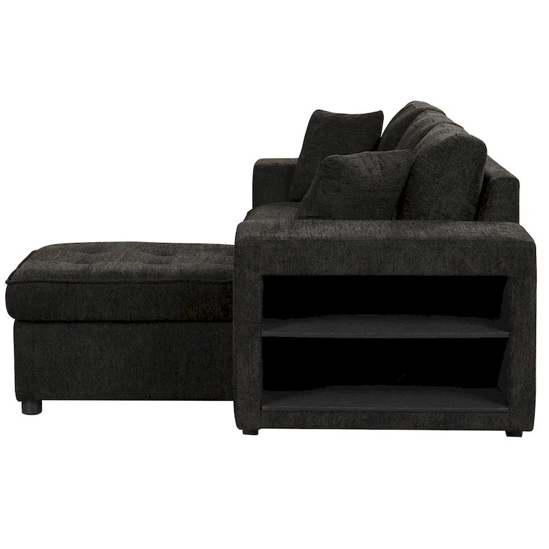 104.5 Charcoal L-Shaped 3 Seater Convertible Sofa with Pull-Out Bed, Storage Chaise and 2 Stools for Living Room