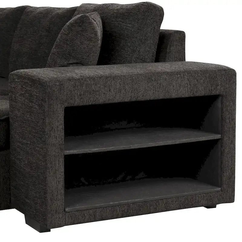 104.5 Charcoal L-Shaped 3 Seater Convertible Sofa with Pull-Out Bed, Storage Chaise and 2 Stools for Living Room
