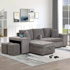 104.5 Charcoal L-Shaped 3 Seater Convertible Sofa with Pull-Out Bed, Storage Chaise and 2 Stools for Living Room
