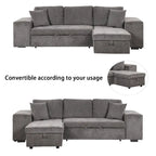 104.5 Charcoal L-Shaped 3 Seater Convertible Sofa with Pull-Out Bed, Storage Chaise and 2 Stools for Living Room