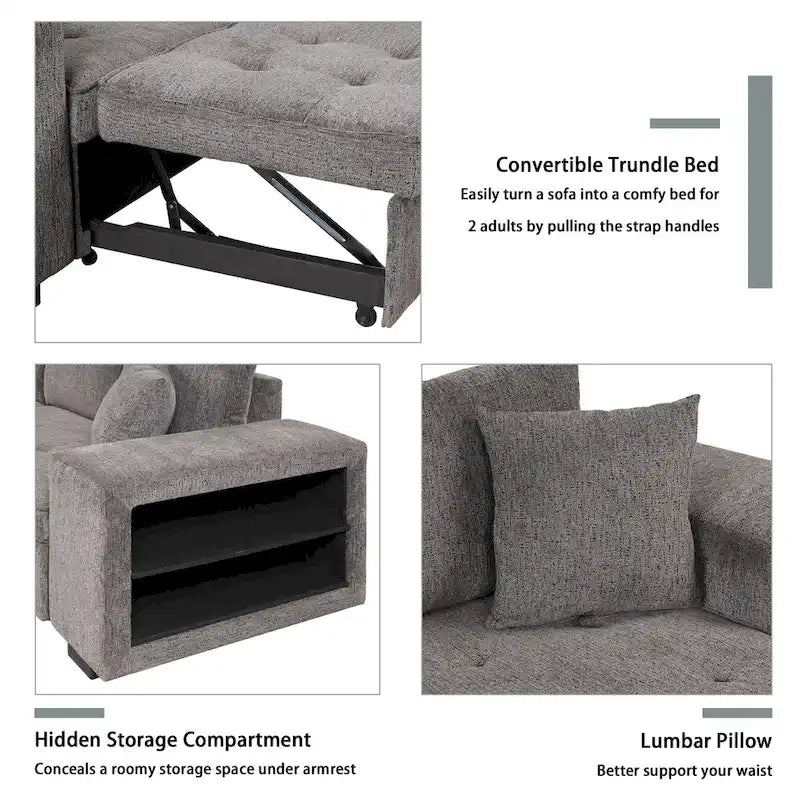 104.5 Charcoal L-Shaped 3 Seater Convertible Sofa with Pull-Out Bed, Storage Chaise and 2 Stools for Living Room