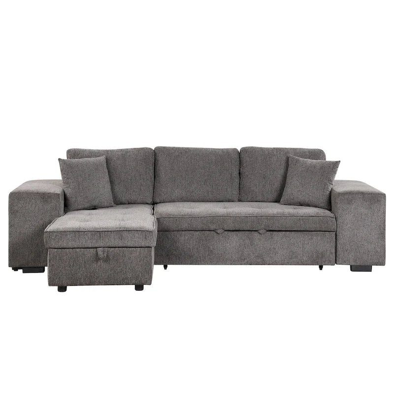 104.5 Charcoal L-Shaped 3 Seater Convertible Sofa with Pull-Out Bed, Storage Chaise and 2 Stools for Living Room
