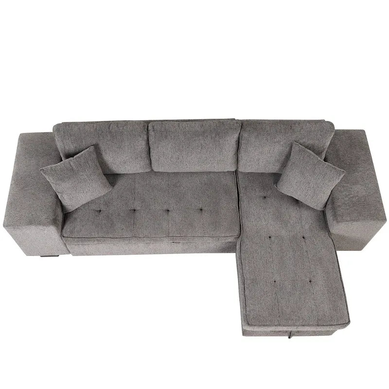 104.5 Charcoal L-Shaped 3 Seater Convertible Sofa with Pull-Out Bed, Storage Chaise and 2 Stools for Living Room