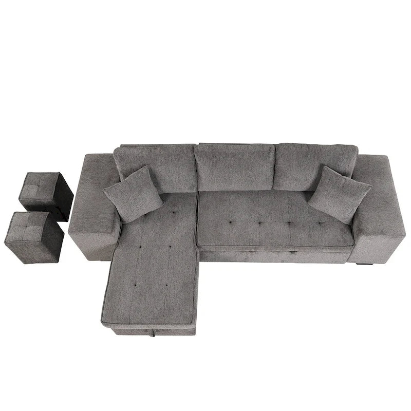 104.5 Charcoal L-Shaped 3 Seater Convertible Sofa with Pull-Out Bed, Storage Chaise and 2 Stools for Living Room