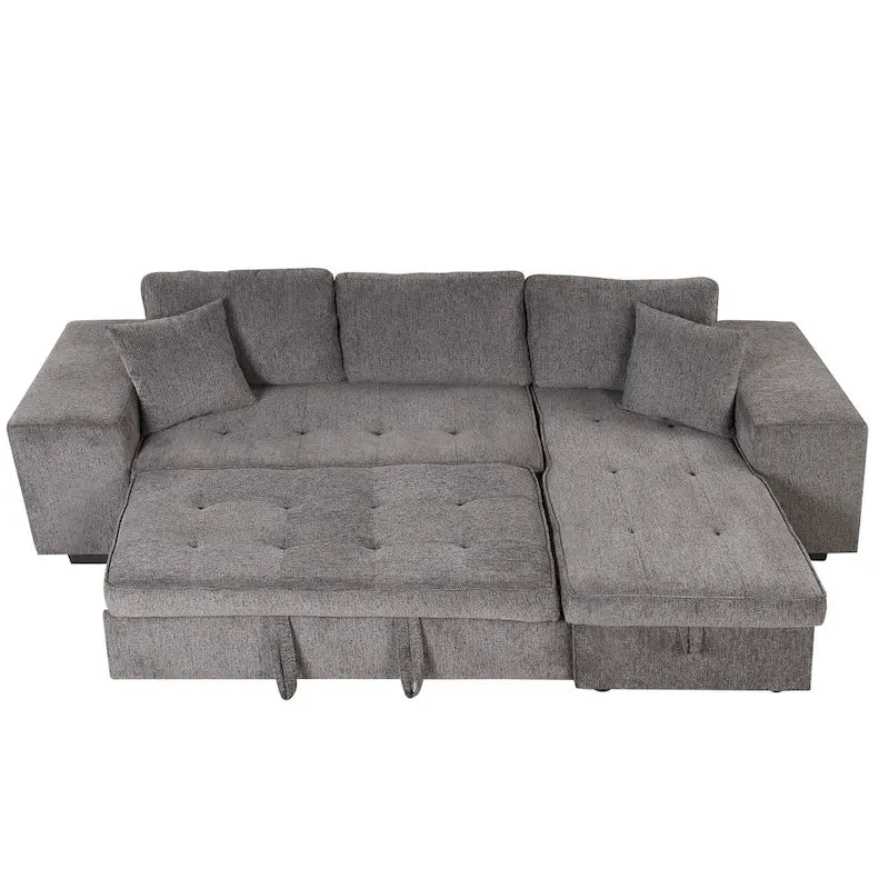 104.5 Charcoal L-Shaped 3 Seater Convertible Sofa with Pull-Out Bed, Storage Chaise and 2 Stools for Living Room