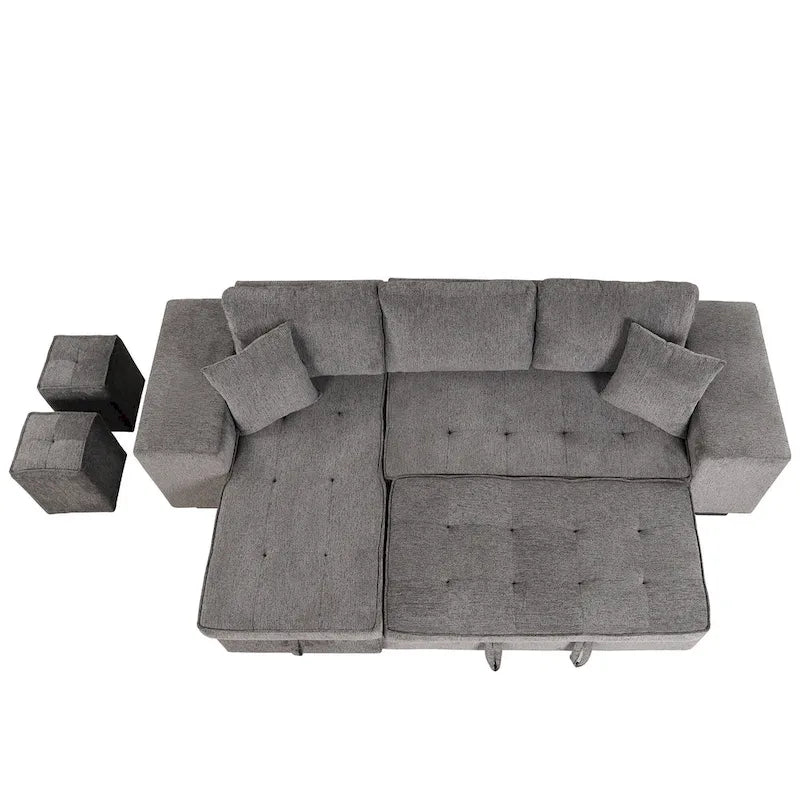 104.5 Charcoal L-Shaped 3 Seater Convertible Sofa with Pull-Out Bed, Storage Chaise and 2 Stools for Living Room