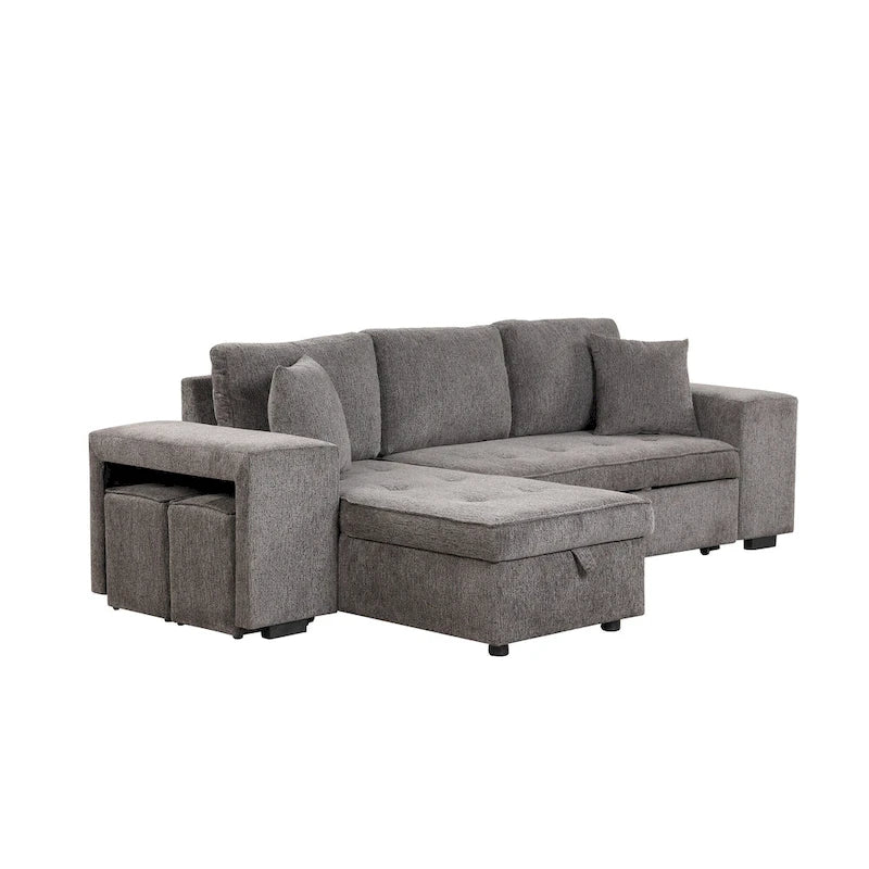 104.5 Charcoal L-Shaped 3 Seater Convertible Sofa with Pull-Out Bed, Storage Chaise and 2 Stools for Living Room